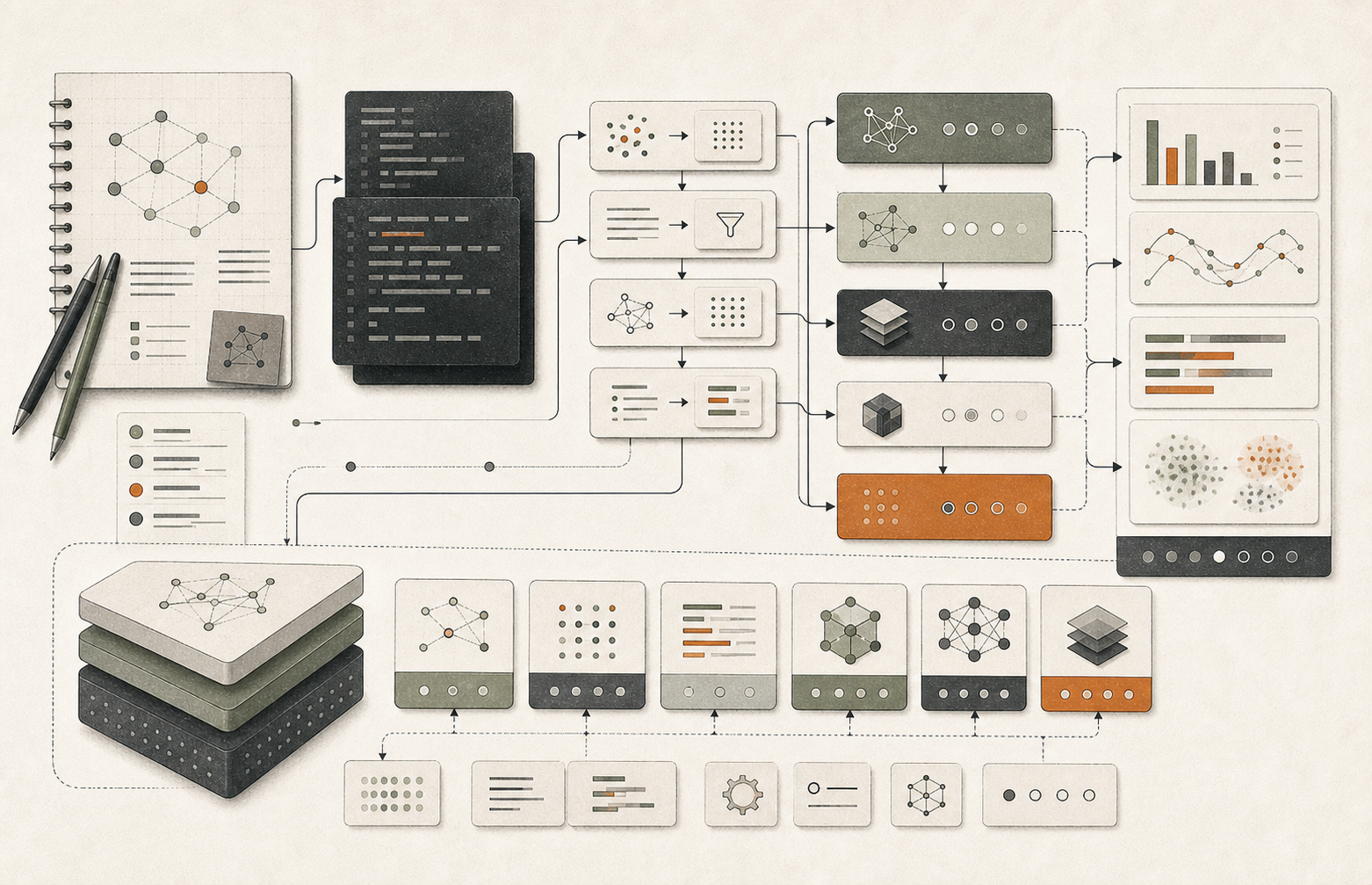 Technical diagram showing a Python NLP library stack with notebooks, pipeline modules, model evaluation, and reusable components.